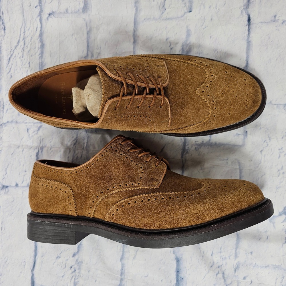 Ralph Lauren Wingtip Oxford Mens 9 Brown Suede Brogue Cow Leather Dress Shoes